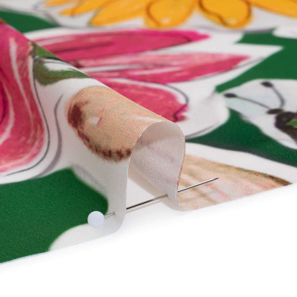 Polyester Satin - Green, Pink and Yellow Flower Sketches - Mood Exclusive Brushlight Blossoms Print Detail Polyester Satin - Green, Pink and Yellow Flower Sketches - Mood Exclusive Brushlight Blossoms Print Detail