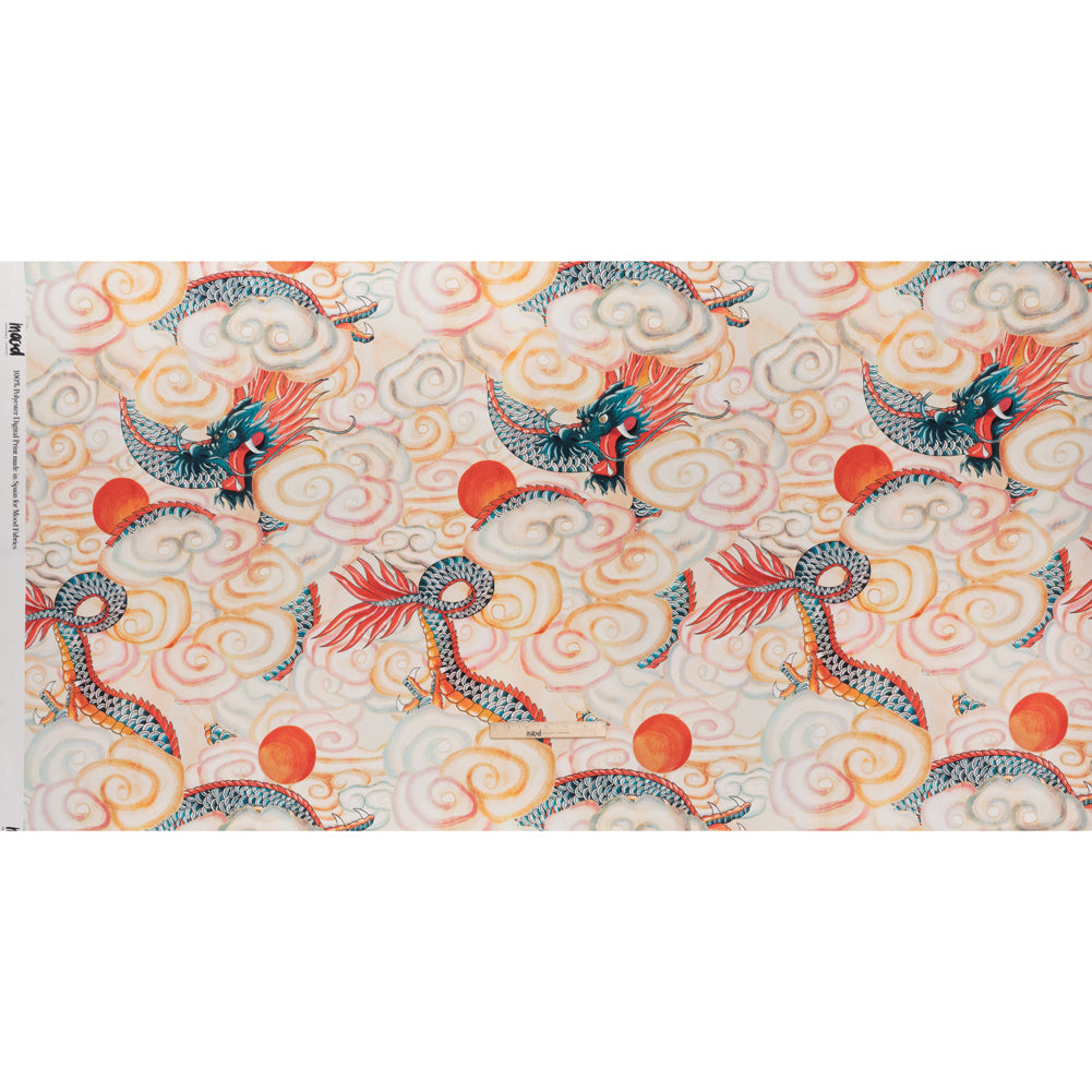 Polyester Satin - Red, Blue Green and Orange Eastern Dragon in Clouds - Mood Exclusive Skybound Scales Print - Full Polyester Satin - Red, Blue Green and Orange Eastern Dragon in Clouds - Mood Exclusive Skybound Scales Print - Full