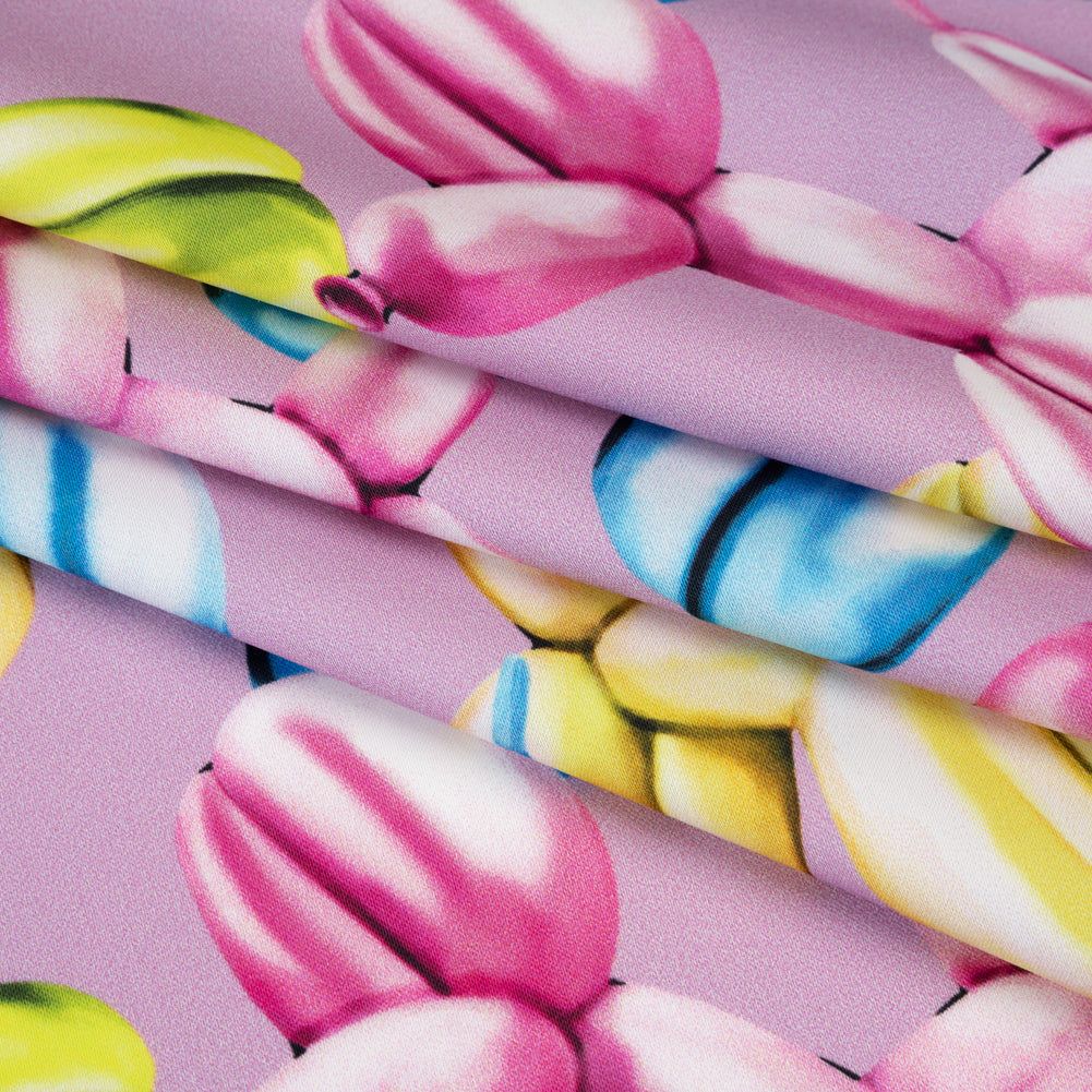 Polyester Satin - Lime Green, Blue and Light Purple Small Balloon Dogs - Mood Exclusive Puff Pups Print - Folded Polyester Satin - Lime Green, Blue and Light Purple Small Balloon Dogs - Mood Exclusive Puff Pups Print - Folded
