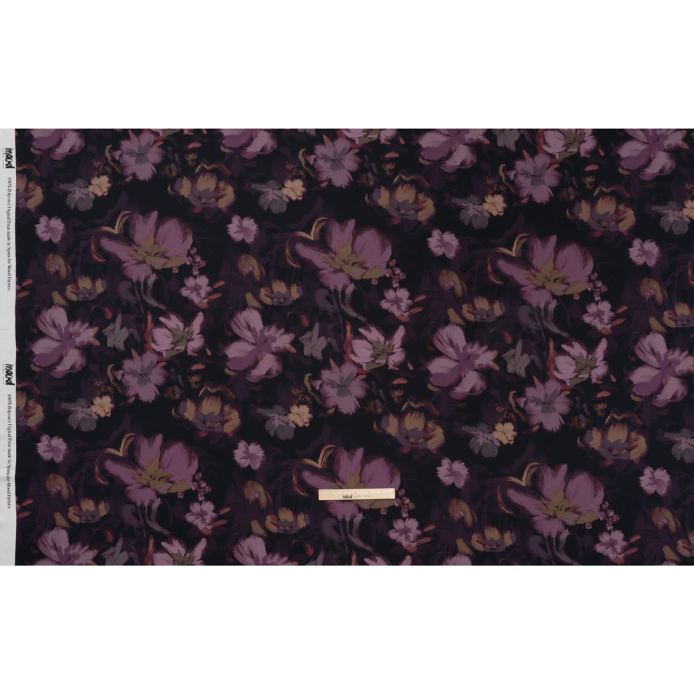 Polyester Satin - Aubergine, Lilac and Taupe Painted Flowers - Mood Exclusive Petal Veil Print Full Polyester Satin - Aubergine, Lilac and Taupe Painted Flowers - Mood Exclusive Petal Veil Print Full