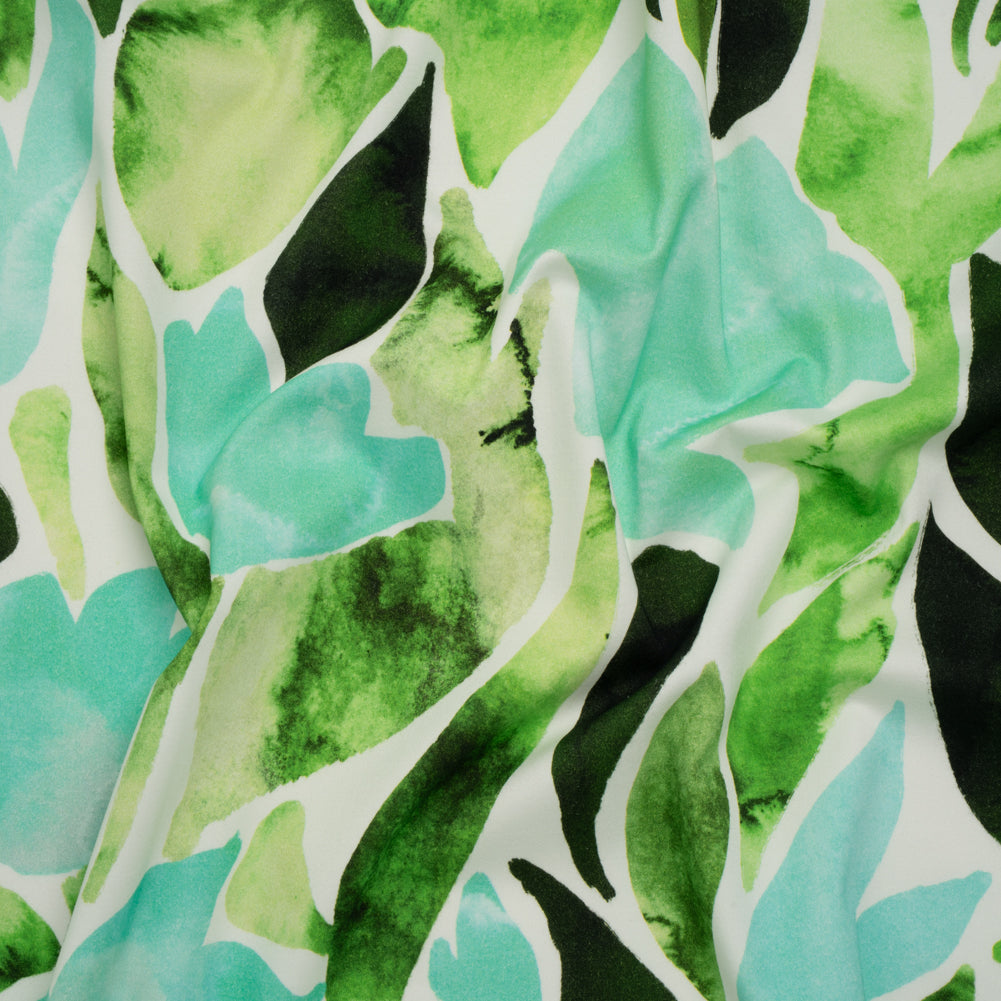 Brushed Cotton Woven - Aqua Blue, Lime and Forest Green Leaf Shapes - Mood Exclusive Watercolor Grove Print Brushed Cotton Woven - Aqua Blue, Lime and Forest Green Leaf Shapes - Mood Exclusive Watercolor Grove Print
