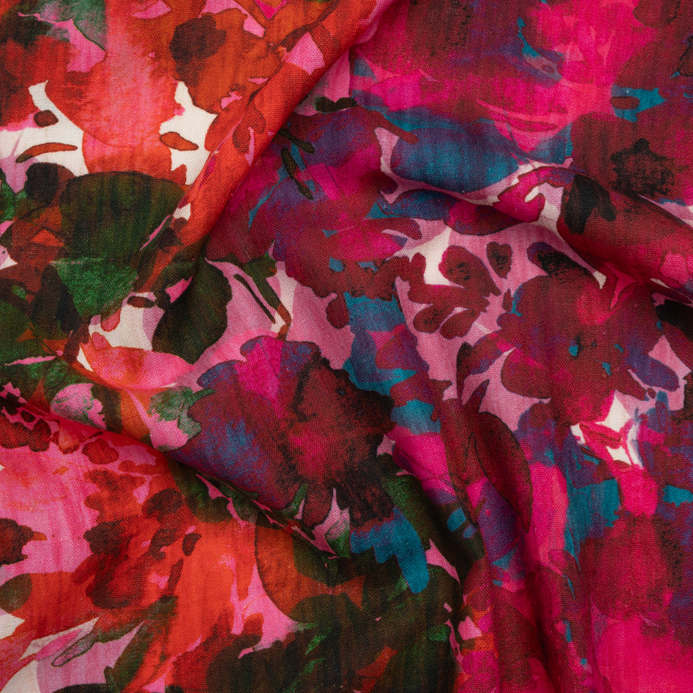 Linen and Rayon Woven - Fuchsia Pink, Red and Light Blue Striated Painted Flowers - Mood Exclusive Painter’s Bouquet Print Linen and Rayon Woven - Fuchsia Pink, Red and Light Blue Striated Painted Flowers - Mood Exclusive Painter’s Bouquet Print
