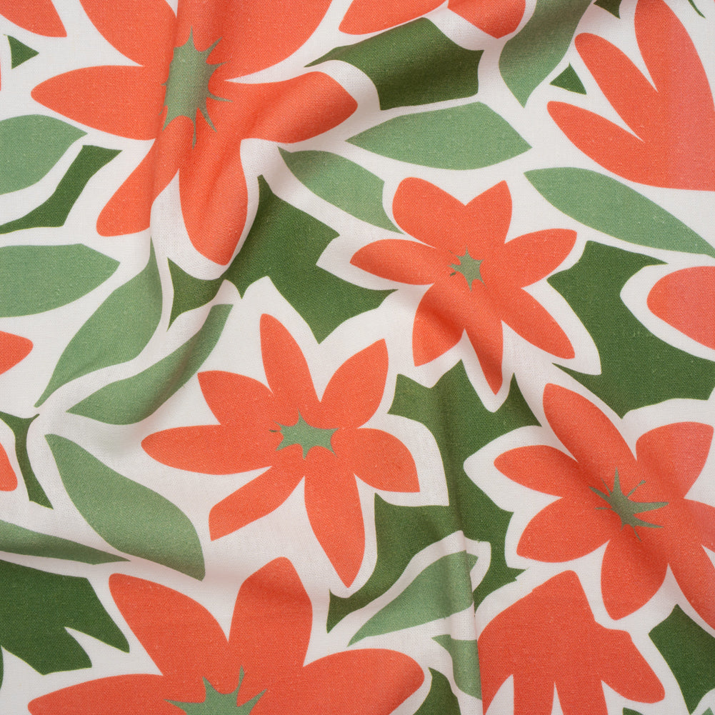 Linen and Rayon Woven - Coral Rose, Sage and Basil Green Flat Flowers - Mood Exclusive Flat Out Florals Print Linen and Rayon Woven - Coral Rose, Sage and Basil Green Flat Flowers - Mood Exclusive Flat Out Florals Print