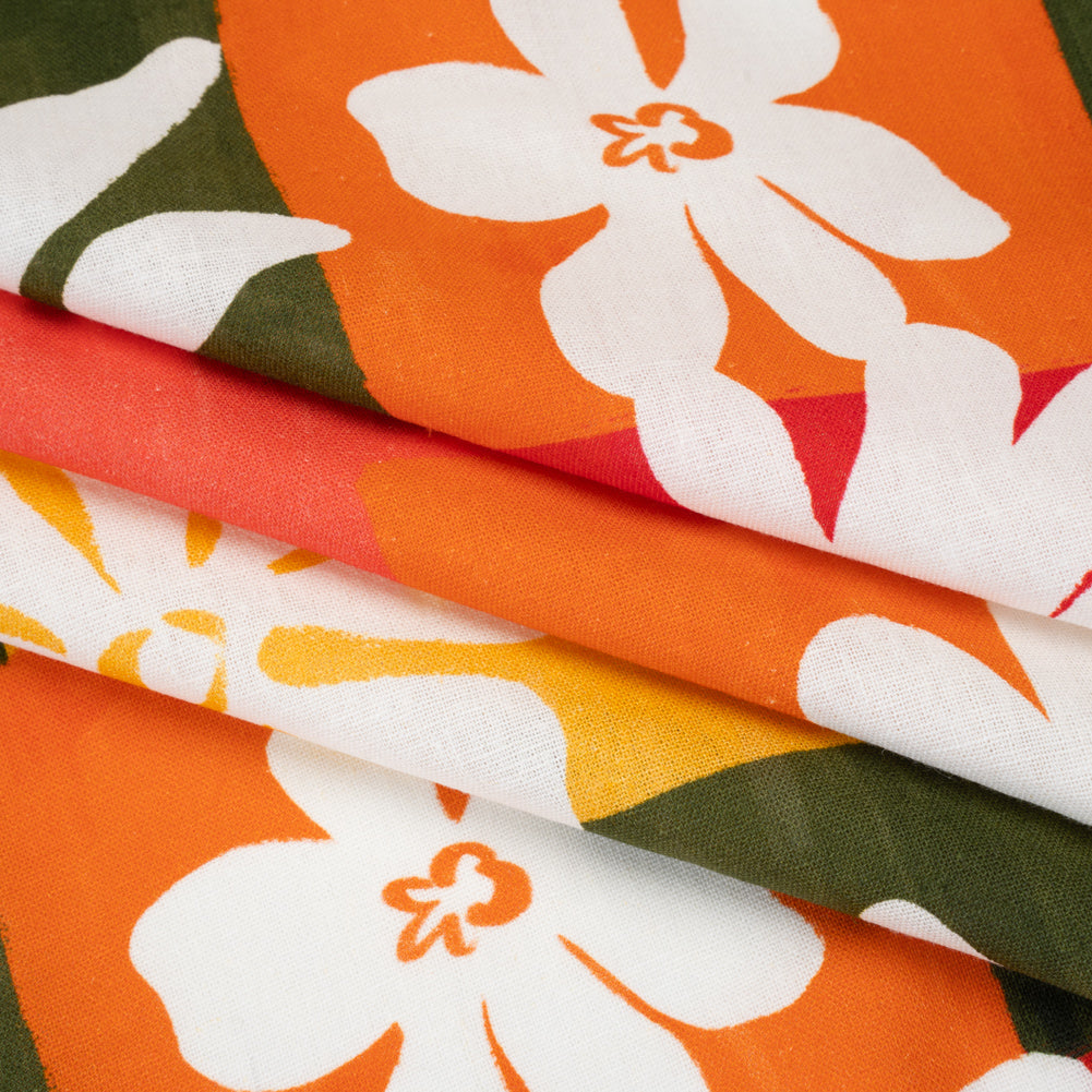 Linen and Rayon Woven - Dark Green, Red Orange and Yellow Floral Patchwork Blocks - Mood Exclusive Blooming Blocks Print - Folded Linen and Rayon Woven - Dark Green, Red Orange and Yellow Floral Patchwork Blocks - Mood Exclusive Blooming Blocks Print - Folded