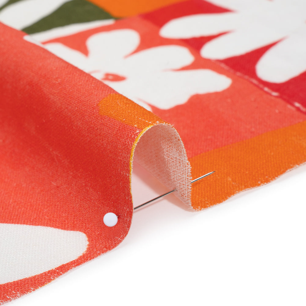 Linen and Rayon Woven - Dark Green, Red Orange and Yellow Floral Patchwork Blocks - Mood Exclusive Blooming Blocks Print - Detail Linen and Rayon Woven - Dark Green, Red Orange and Yellow Floral Patchwork Blocks - Mood Exclusive Blooming Blocks Print - Detail