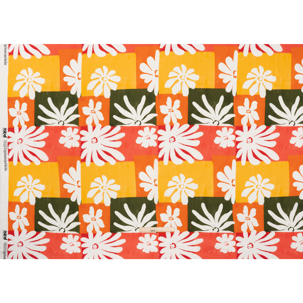 Linen and Rayon Woven - Dark Green, Red Orange and Yellow Floral Patchwork Blocks - Mood Exclusive Blooming Blocks Print - Full Linen and Rayon Woven - Dark Green, Red Orange and Yellow Floral Patchwork Blocks - Mood Exclusive Blooming Blocks Print - Full