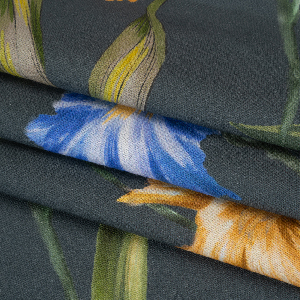 Linen and Rayon Woven - Charcoal, Blue and Goldenrod Yellow Painted Flowers - Mood Exclusive Spring Storm Print - Folded Linen and Rayon Woven - Charcoal, Blue and Goldenrod Yellow Painted Flowers - Mood Exclusive Spring Storm Print - Folded