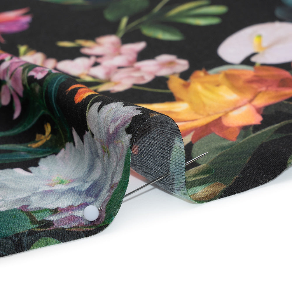 Rayon Challis - Black, Green and Orange Rainforest Flowers - Mood Exclusive Rainforest Reverie Print - Detail Rayon Challis - Black, Green and Orange Rainforest Flowers - Mood Exclusive Rainforest Reverie Print - Detail