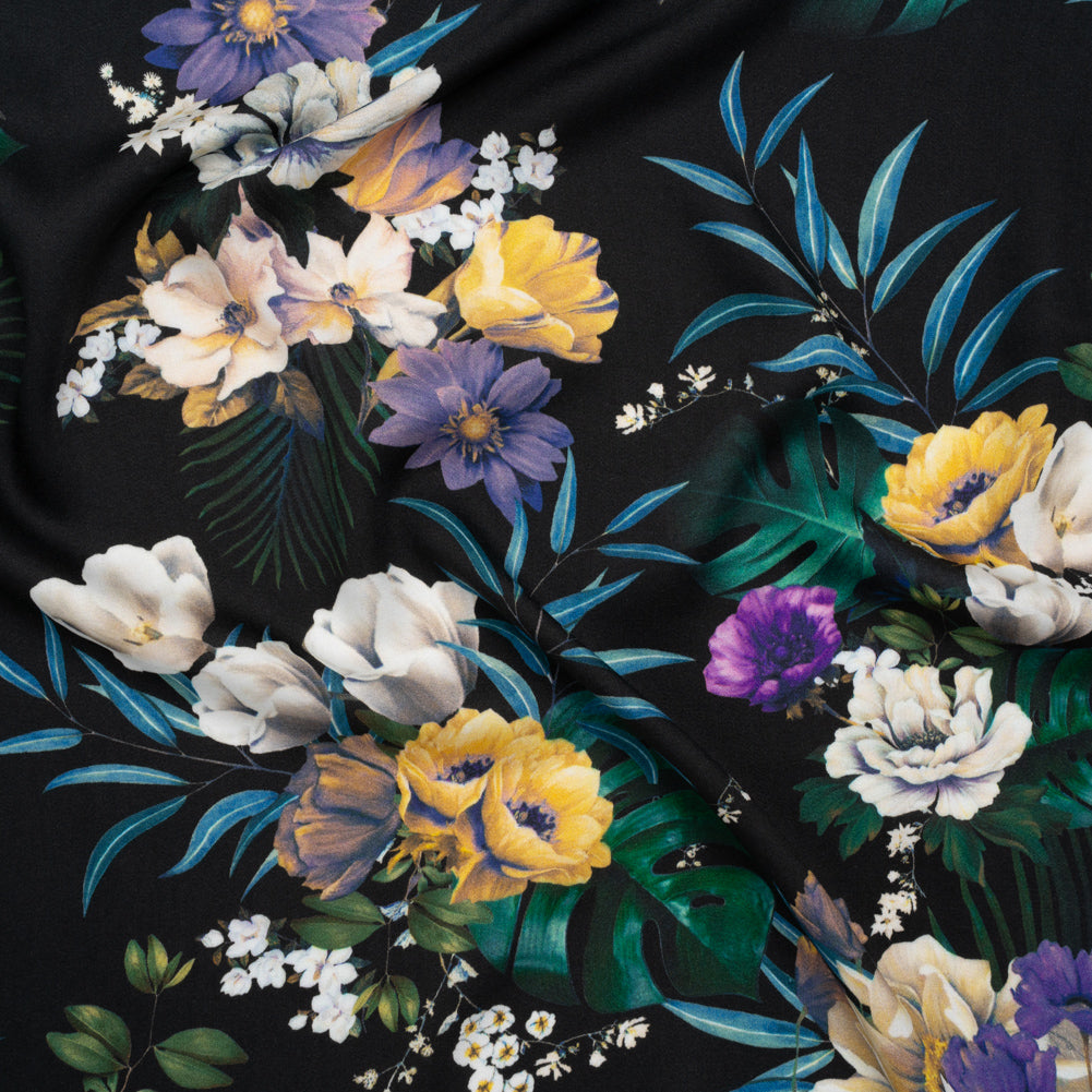 Rayon Challis - Blue, Purple and Yellow Tropical Flowers - Mood Exclusive Island Bloom Print Rayon Challis - Blue, Purple and Yellow Tropical Flowers - Mood Exclusive Island Bloom Print