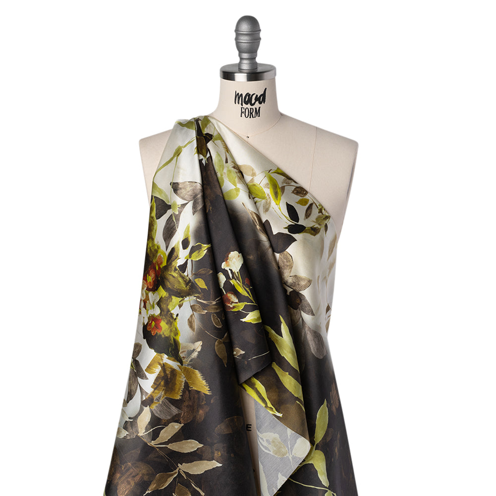 Silk Satin Print Made in Italy - Brown, Cream and Chartreuse Painted Leaves - Deadstock - Folded Silk Satin Print Made in Italy - Brown, Cream and Chartreuse Painted Leaves - Deadstock - Folded