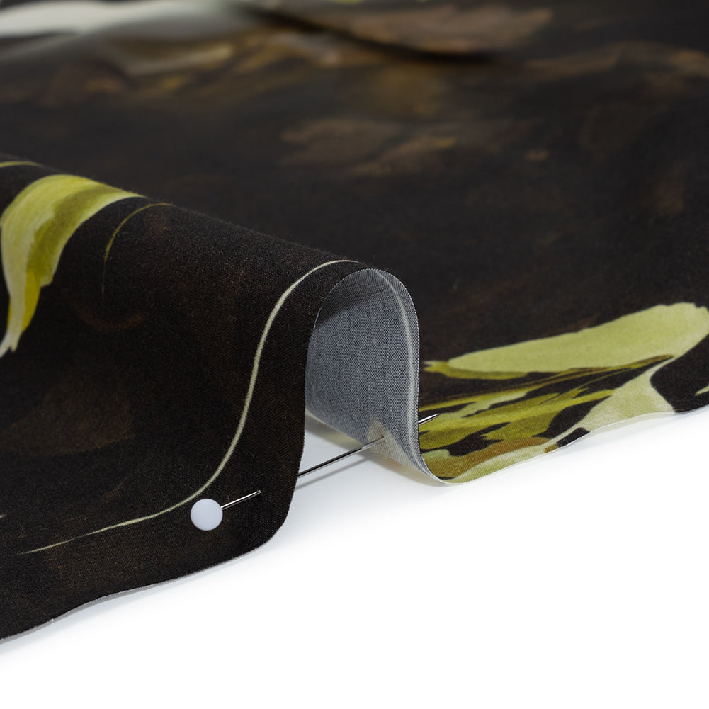 Silk Satin Print Made in Italy - Brown, Cream and Chartreuse Painted Leaves - Deadstock - Full Silk Satin Print Made in Italy - Brown, Cream and Chartreuse Painted Leaves - Deadstock - Full