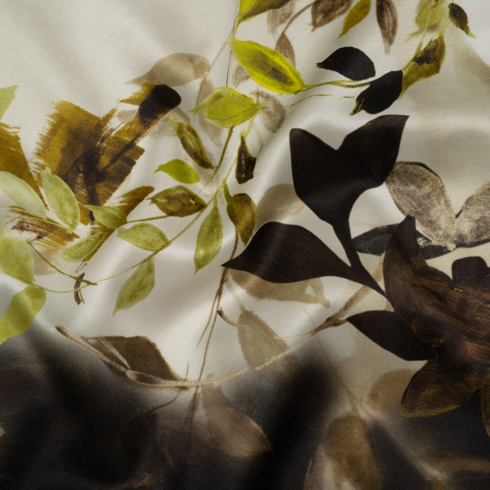 Silk Satin Print Made in Italy - Brown, Cream and Chartreuse Painted Leaves - Deadstock - Drape Silk Satin Print Made in Italy - Brown, Cream and Chartreuse Painted Leaves - Deadstock - Drape