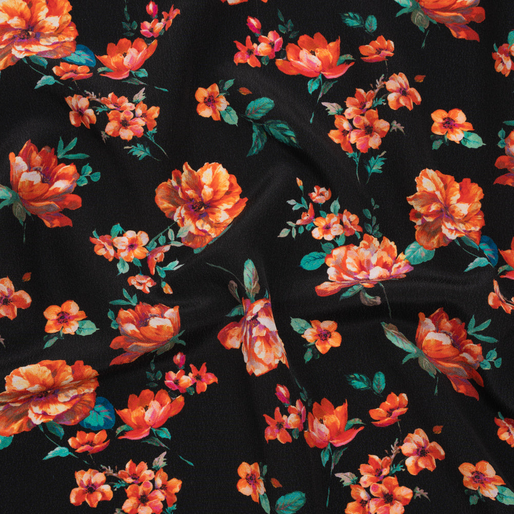 Silk Crepe de Chine Print Made in Italy - Black, Red and Green Scattered Flowers - Deadstock - Drape Silk Crepe de Chine Print Made in Italy - Black, Red and Green Scattered Flowers - Deadstock - Drape
