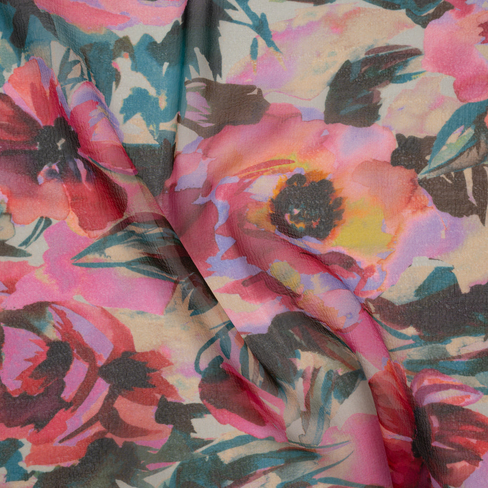 Silk Chiffon Print Made in Italy - Teal, Fuchsia and Peach Watercolor Blooms - Deadstock - Drape Silk Chiffon Print Made in Italy - Teal, Fuchsia and Peach Watercolor Blooms - Deadstock - Drape