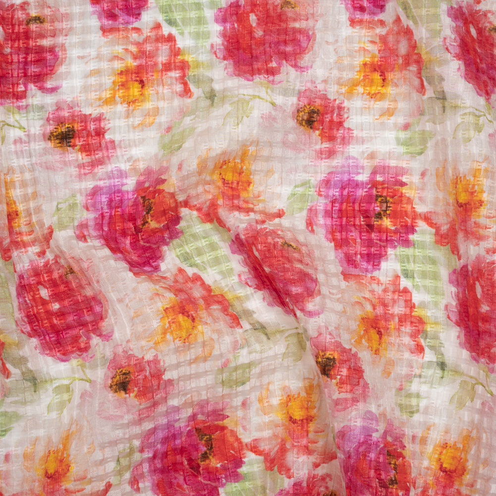 Ruched Silk Blend Striped Dobby Made in Italy - Hot Pink, Golden Yellow and Sage Green Soft Florals - Deadstock - Drape Ruched Silk Blend Striped Dobby Made in Italy - Hot Pink, Golden Yellow and Sage Green Soft Florals - Deadstock - Drape
