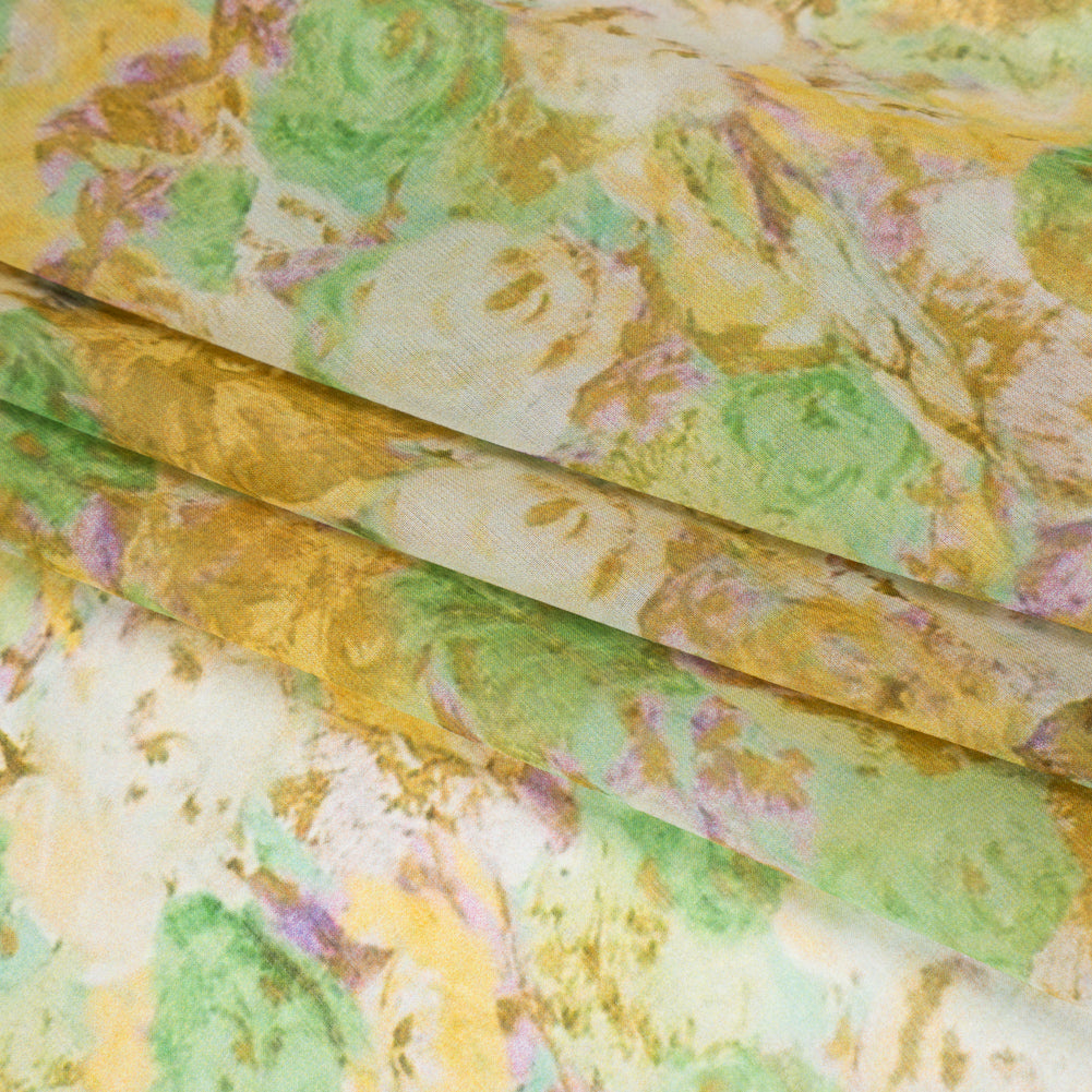 Silk Chiffon Print Made in Italy - Yellow, Green and Lilac Painterly Floral - Deadstock Detail Silk Chiffon Print Made in Italy - Yellow, Green and Lilac Painterly Floral - Deadstock Detail