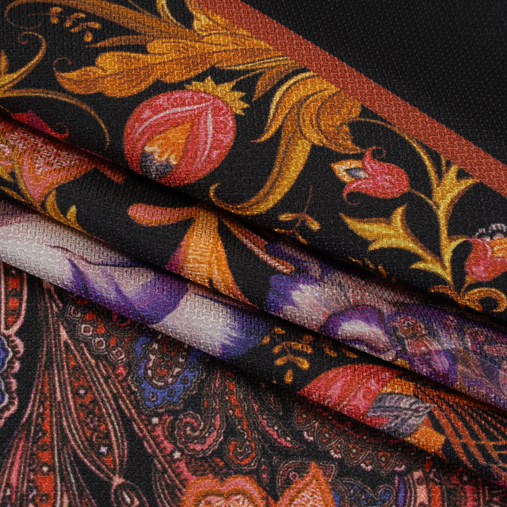 Silk Diagonal Basketweave Dobby Print Made in Italy - Purple, Orange and Black Ornate Paisleys and Palm Leaves - Deadstock - Detail Silk Diagonal Basketweave Dobby Print Made in Italy - Purple, Orange and Black Ornate Paisleys and Palm Leaves - Deadstock - Detail