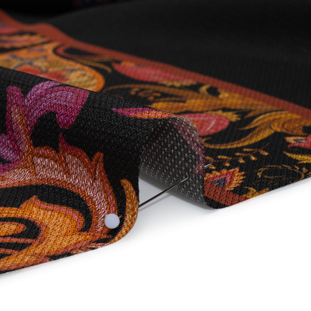 Silk Diagonal Basketweave Dobby Print Made in Italy - Purple, Orange and Black Ornate Paisleys and Palm Leaves - Deadstock - Full Silk Diagonal Basketweave Dobby Print Made in Italy - Purple, Orange and Black Ornate Paisleys and Palm Leaves - Deadstock - Full