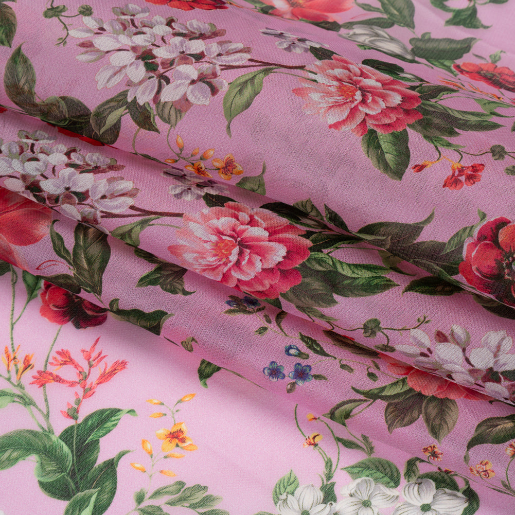 Silk Gazar Print Made in Italy - Pink, Green and White Enchanted Florals - Deadstock - Detail Silk Gazar Print Made in Italy - Pink, Green and White Enchanted Florals - Deadstock - Detail