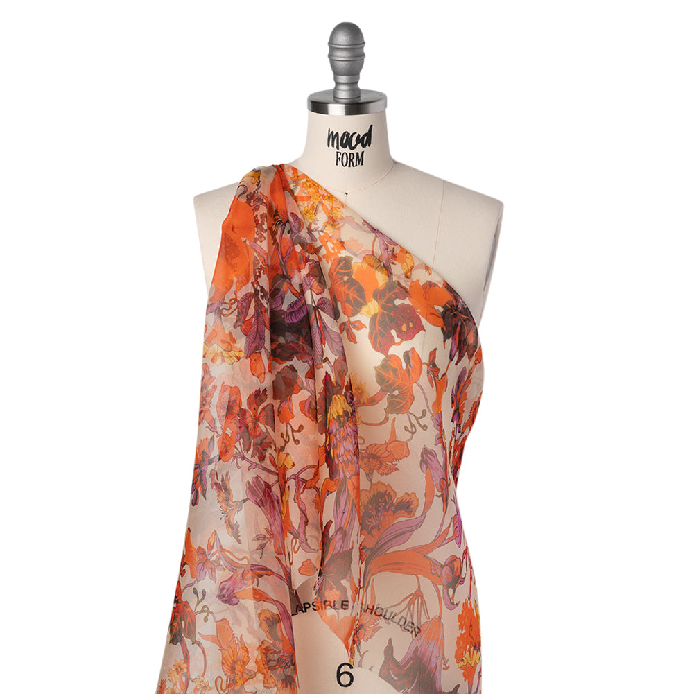 Lightweight Silk Organza Print Made in Italy - Orange, Purple and Burgundy Lilies and Flowers - Folded Lightweight Silk Organza Print Made in Italy - Orange, Purple and Burgundy Lilies and Flowers - Folded
