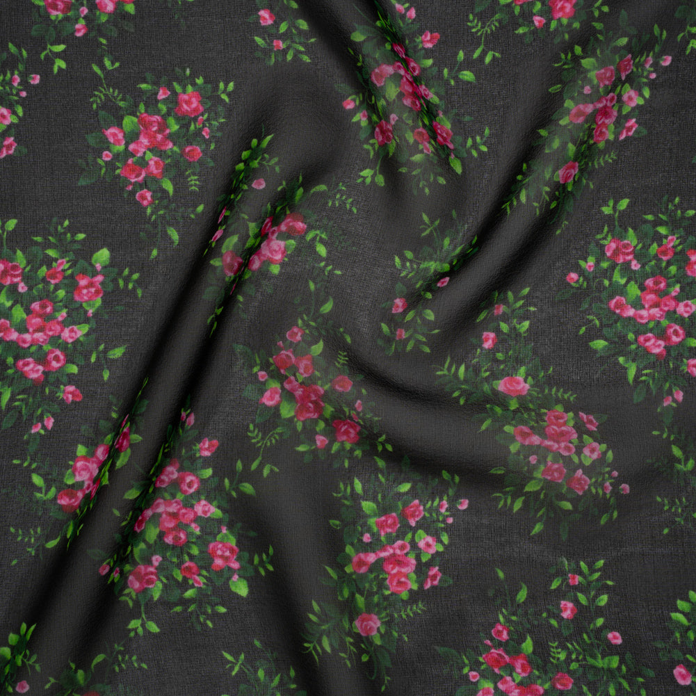 Silk Voile Print Made in Italy - Black, Green and Pink Flower Bunches - Deadstock - Drape Silk Voile Print Made in Italy - Black, Green and Pink Flower Bunches - Deadstock - Drape