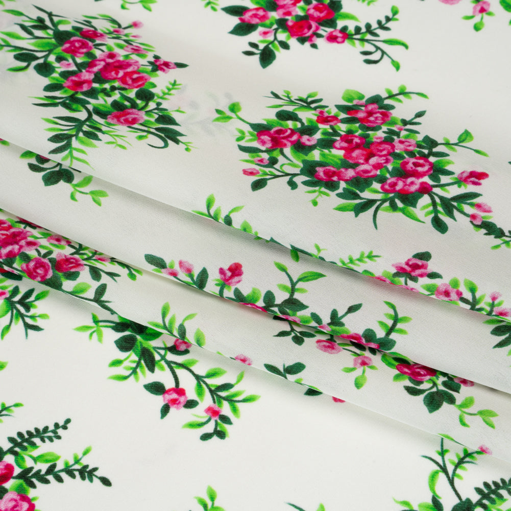 Silk Georgette Print - Pink, Green and Ivory Flower Bunches - Deadstock - Detail Silk Georgette Print - Pink, Green and Ivory Flower Bunches - Deadstock - Detail