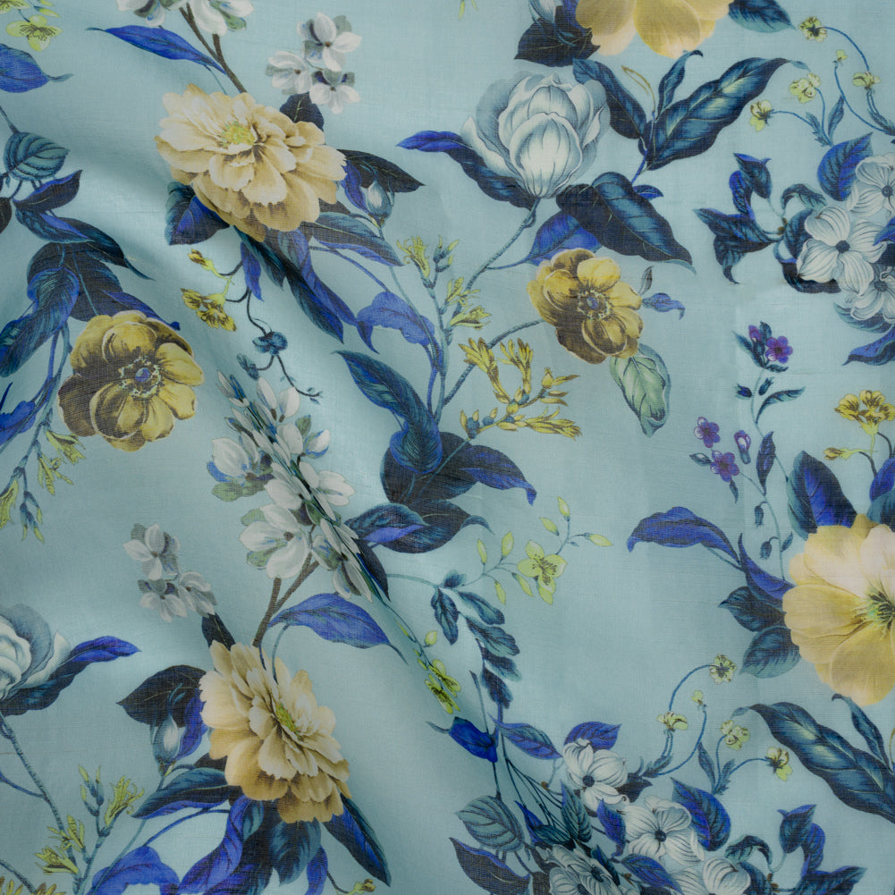 Slubbed Raw Silk Organza Print Made in Italy - Sky Blue, Ultramarine and Yellow Floral - Deadstock Drape Slubbed Raw Silk Organza Print Made in Italy - Sky Blue, Ultramarine and Yellow Floral - Deadstock Drape