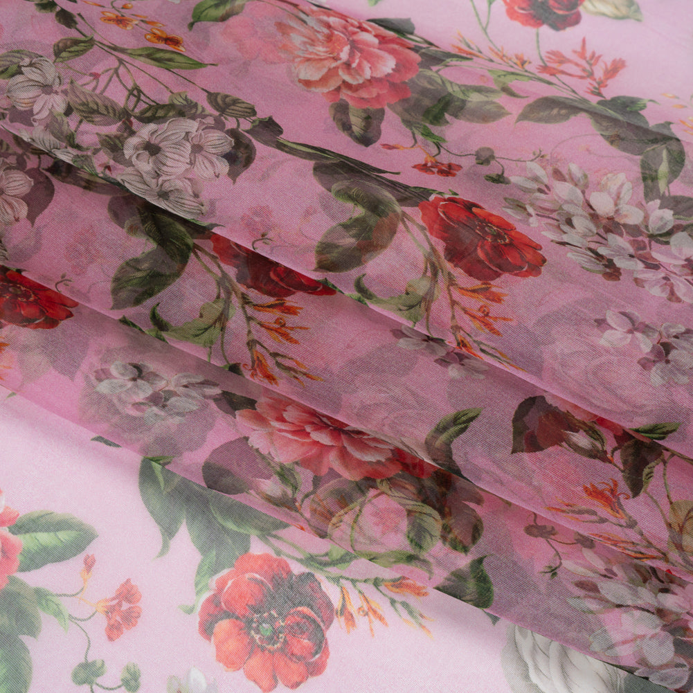 Silk Organza Print Made in Italy - Bubblegum Pink, Rose and Green Floral - Deadstock - Detail Silk Organza Print Made in Italy - Bubblegum Pink, Rose and Green Floral - Deadstock - Detail