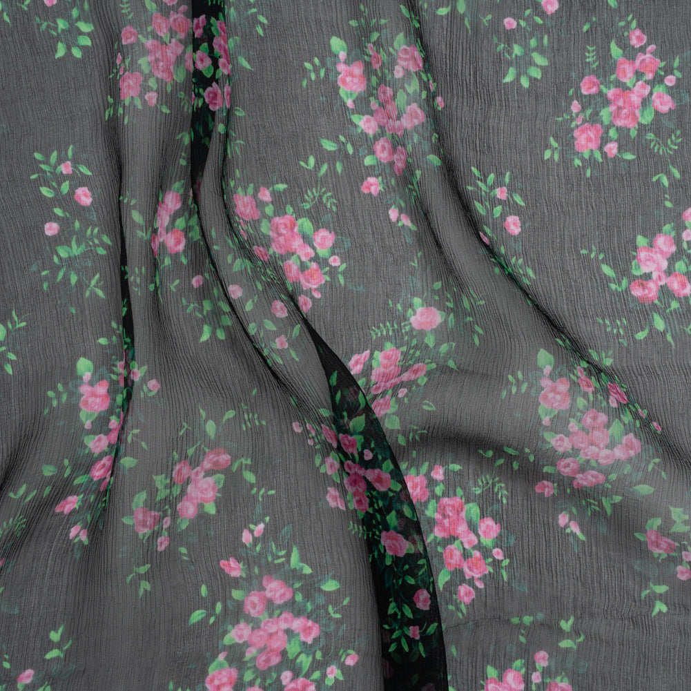 Crinkled Silk Chiffon Print Made in Italy - Black, Green and Pink Flower Bunches - Deadstock - Drape Crinkled Silk Chiffon Print Made in Italy - Black, Green and Pink Flower Bunches - Deadstock - Drape