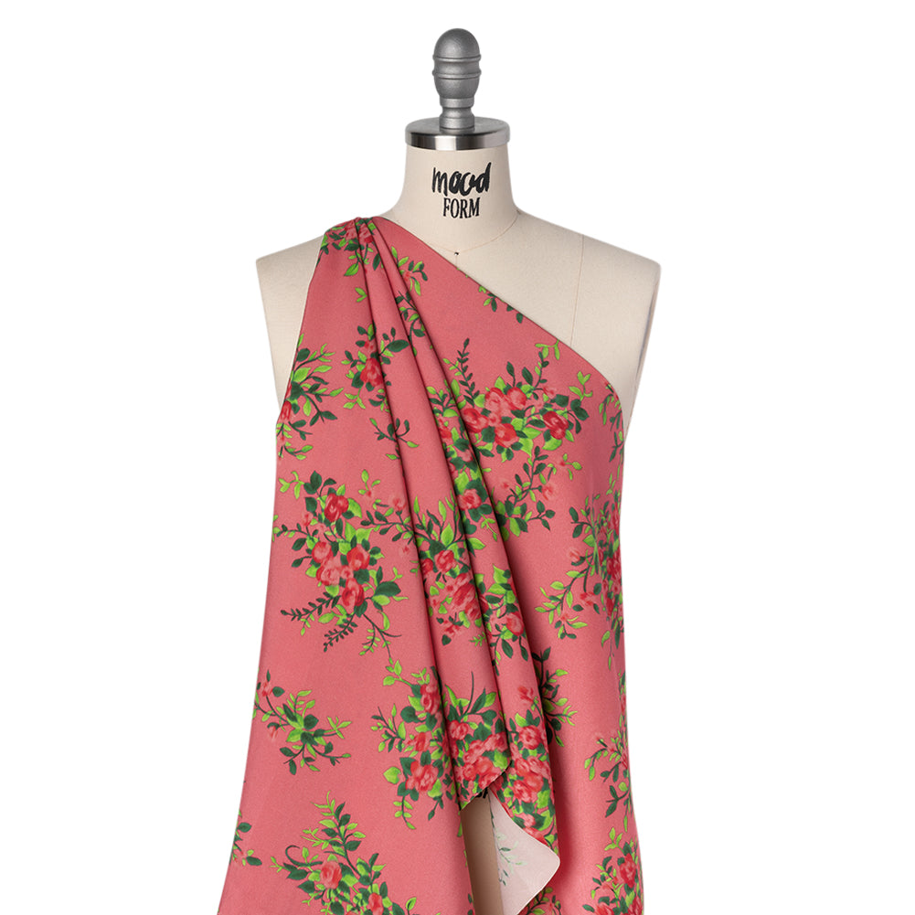 Silk Woven Print Made in Italy - Rose Pink, Red and Green Flower Bunches - Deadstock - Folded Silk Woven Print Made in Italy - Rose Pink, Red and Green Flower Bunches - Deadstock - Folded