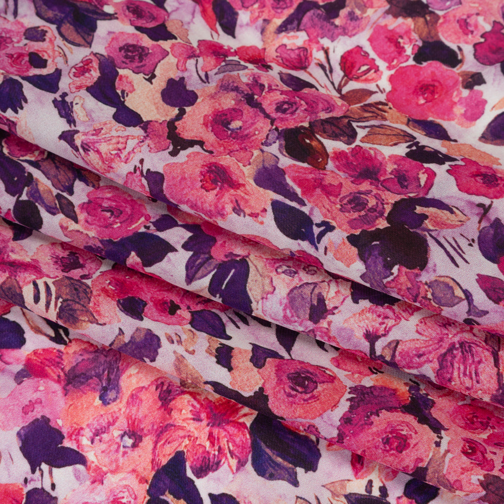 Silk Georgette Print Made in Italy - Pink, Dark Purple and Lavender Watercolor Roses - Deadstock - Detail Silk Georgette Print Made in Italy - Pink, Dark Purple and Lavender Watercolor Roses - Deadstock - Detail