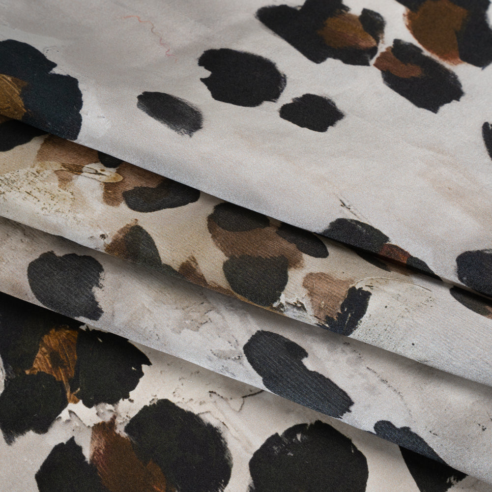 Silk Satin Print Made in Italy - Brown, Beige and Gray Painted Animal Spots - Deadstock - Detail Silk Satin Print Made in Italy - Brown, Beige and Gray Painted Animal Spots - Deadstock - Detail