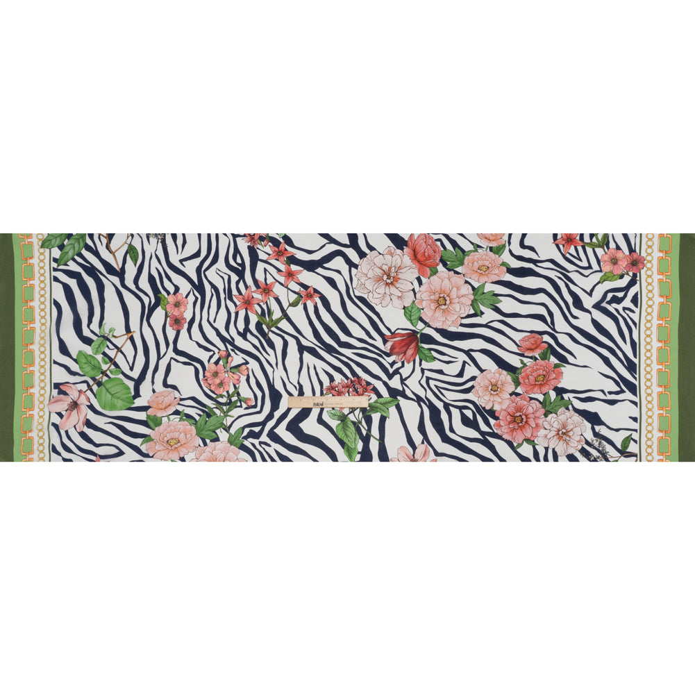 Silk Crepe de Chine Print Made in Italy - Navy, Pink and Green Zebra Stripes, Flowers and Chain Borders - Deadstock - Full - Image 5 of 5 Silk Crepe de Chine Print Made in Italy - Navy, Pink and Green Zebra Stripes, Flowers and Chain Borders - Deadstock - Full - Image 5 of 5