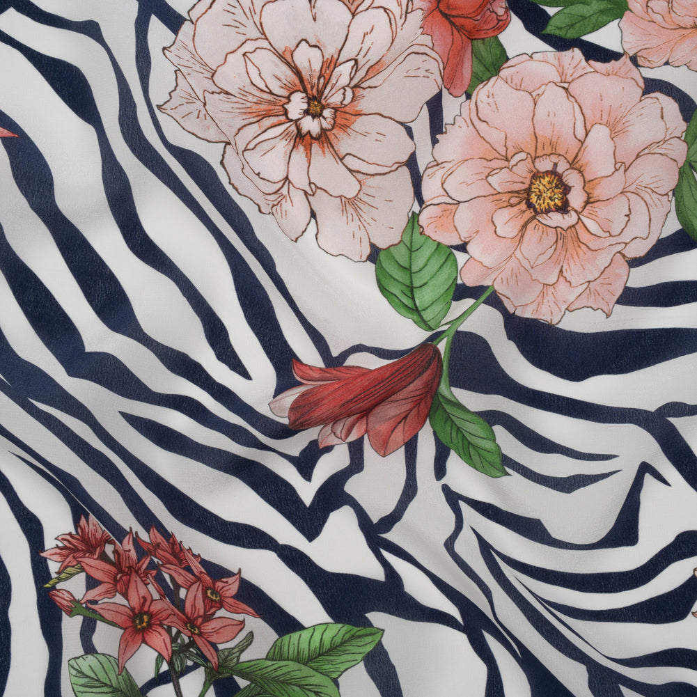 Silk Crepe de Chine Print Made in Italy - Navy, Pink and Green Zebra Stripes, Flowers and Chain Borders - Deadstock - Drape Silk Crepe de Chine Print Made in Italy - Navy, Pink and Green Zebra Stripes, Flowers and Chain Borders - Deadstock - Drape