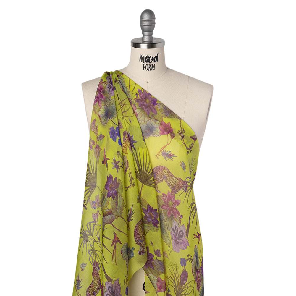 Silk Voile Print Made in Italy - Chartreuse Green, Purple and Blue Tropical Flora and Fauna - Deadstock - Folded Silk Voile Print Made in Italy - Chartreuse Green, Purple and Blue Tropical Flora and Fauna - Deadstock - Folded