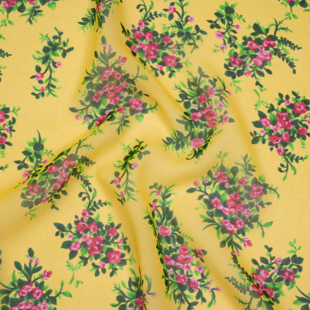 Silk Chiffon Print Made in Italy - Sunny Yellow, Green and Pink Flower Bunches - Deadstock - Drape Silk Chiffon Print Made in Italy - Sunny Yellow, Green and Pink Flower Bunches - Deadstock - Drape