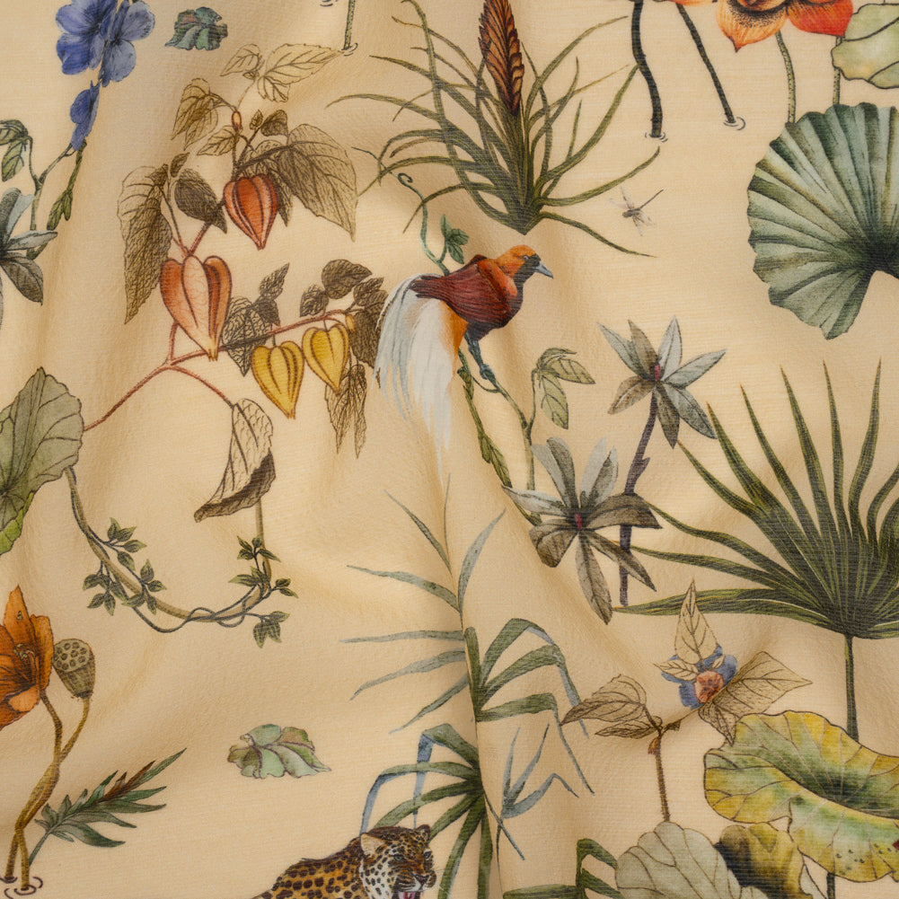 Slubbed Sheer Silk Woven Print Made in Italy - Beige, Green and Orange Tropical Flora and Fauna - Deadstock - Drape Slubbed Sheer Silk Woven Print Made in Italy - Beige, Green and Orange Tropical Flora and Fauna - Deadstock - Drape