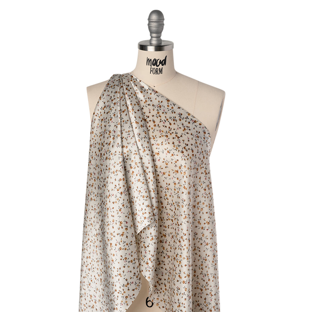 Charmeuse-Backed Silk Print Made in Italy - Ivory, Burnt Orange and Pink Little Flower Vines - Deadstock Folded Charmeuse-Backed Silk Print Made in Italy - Ivory, Burnt Orange and Pink Little Flower Vines - Deadstock Folded