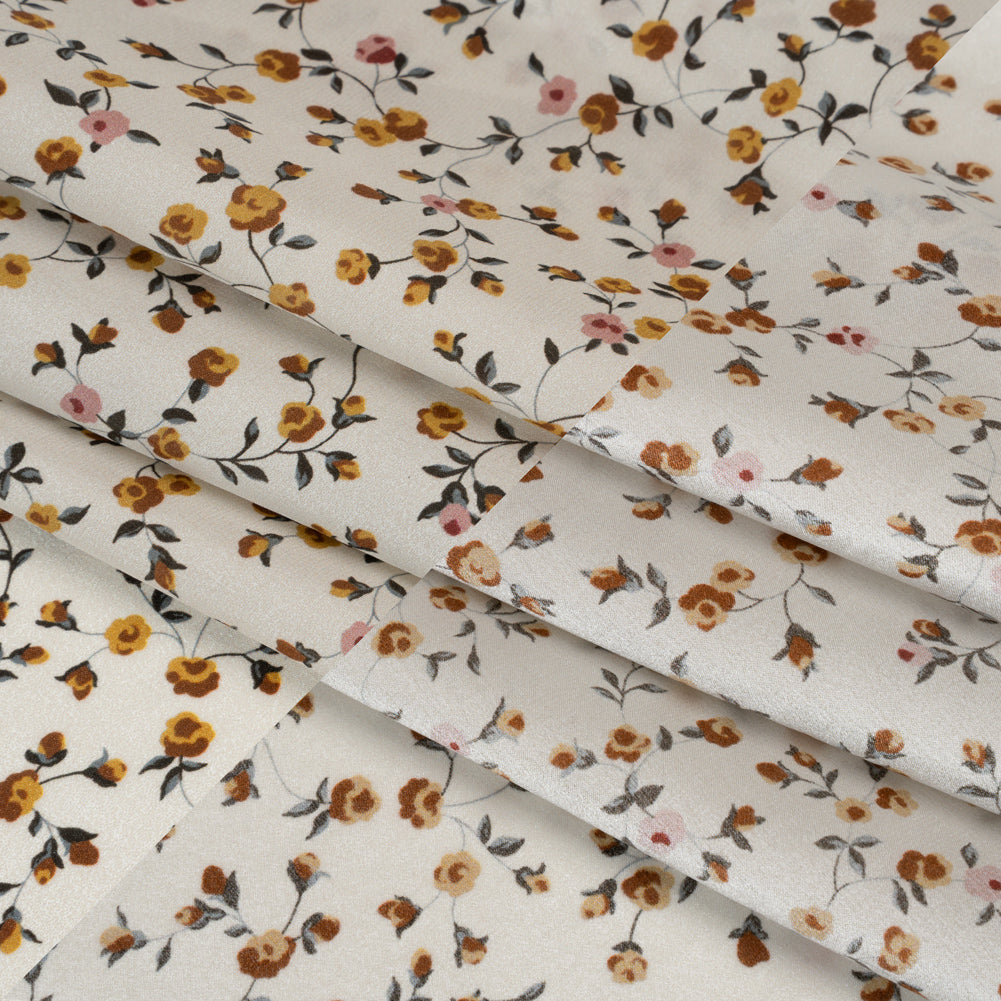 Charmeuse-Backed Silk Print Made in Italy - Ivory, Burnt Orange and Pink Little Flower Vines - Deadstock Detail Charmeuse-Backed Silk Print Made in Italy - Ivory, Burnt Orange and Pink Little Flower Vines - Deadstock Detail