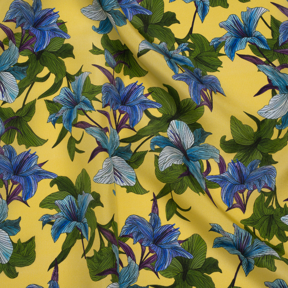 Silk Crepe de Chine Print Made in Italy - Lemon Yellow, Blue and Green Lilies - Deadstock - Drape Silk Crepe de Chine Print Made in Italy - Lemon Yellow, Blue and Green Lilies - Deadstock - Drape