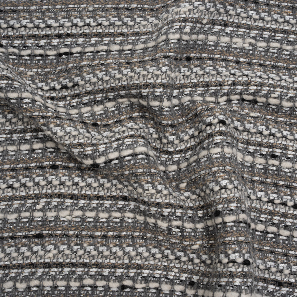 Metallic Wool Blend Tweed Made in Italy - White, Beige and Silver Stripes Metallic Wool Blend Tweed Made in Italy - White, Beige and Silver Stripes