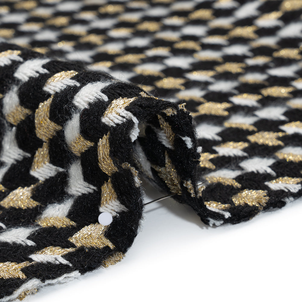 Metallic Wool and Acrylic Tweed Twill - Black, Gold and White Geometric - Deadstock - Detail Metallic Wool and Acrylic Tweed Twill - Black, Gold and White Geometric - Deadstock - Detail