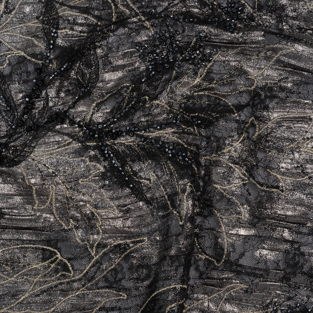Metallic Foiled Plisse Lace with Embroidery and Beading on Tulle Backing - Black, Gunmetal and White Gold Trailing Leafy Vines Metallic Foiled Plisse Lace with Embroidery and Beading on Tulle Backing - Black, Gunmetal and White Gold Trailing Leafy Vines