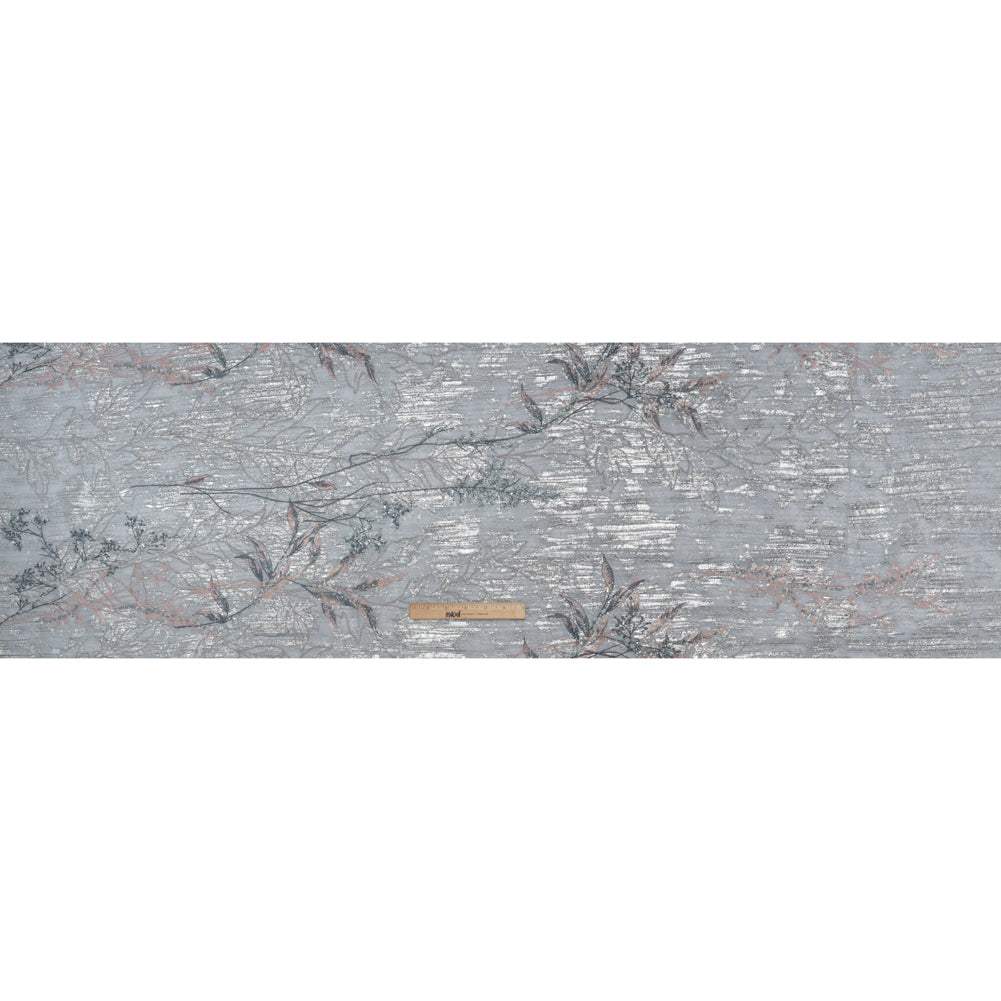 Metallic Foiled Plisse Lace with Embroidery and Beading on Tulle Backing - Light Blue, Silver, and Pale Pink Flowering Branches - Full Metallic Foiled Plisse Lace with Embroidery and Beading on Tulle Backing - Light Blue, Silver, and Pale Pink Flowering Branches - Full