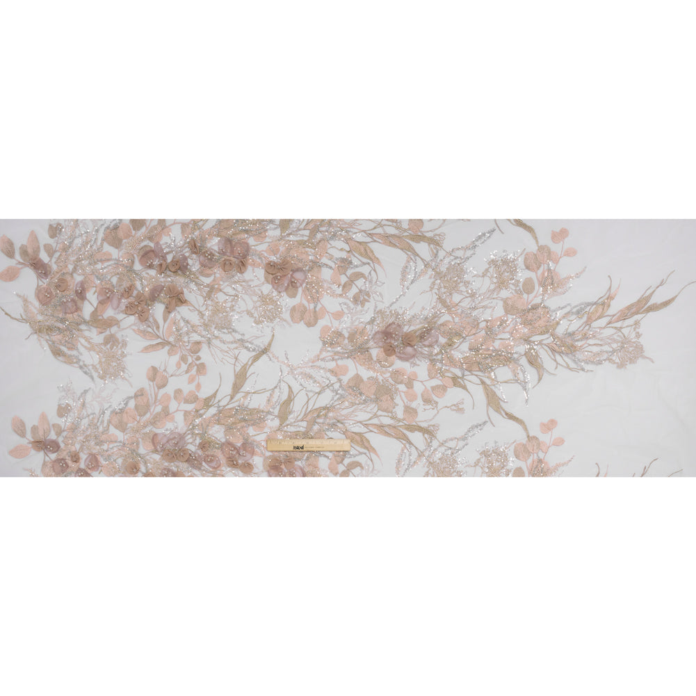 Embroidered and Beaded Tulle with 3D Fabric Flowers - Dark Beige, Pink and Pale Blue Fanciful Leaves and Florals - Full Embroidered and Beaded Tulle with 3D Fabric Flowers - Dark Beige, Pink and Pale Blue Fanciful Leaves and Florals - Full