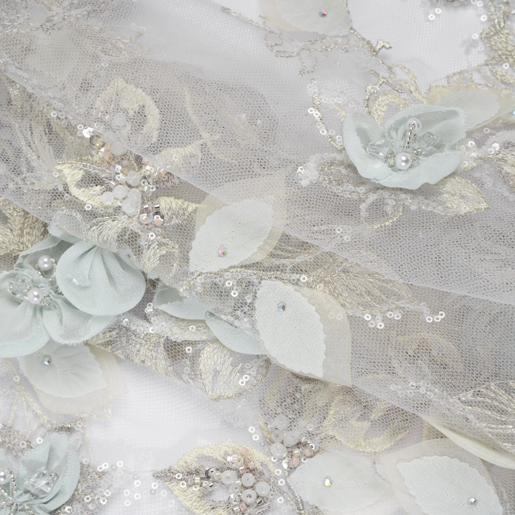 Embroidered and Beaded Tulle with 3D Fabric Flowers - Light Gray, Seafoam and Cream Leafy Arrangements Folded Embroidered and Beaded Tulle with 3D Fabric Flowers - Light Gray, Seafoam and Cream Leafy Arrangements Folded