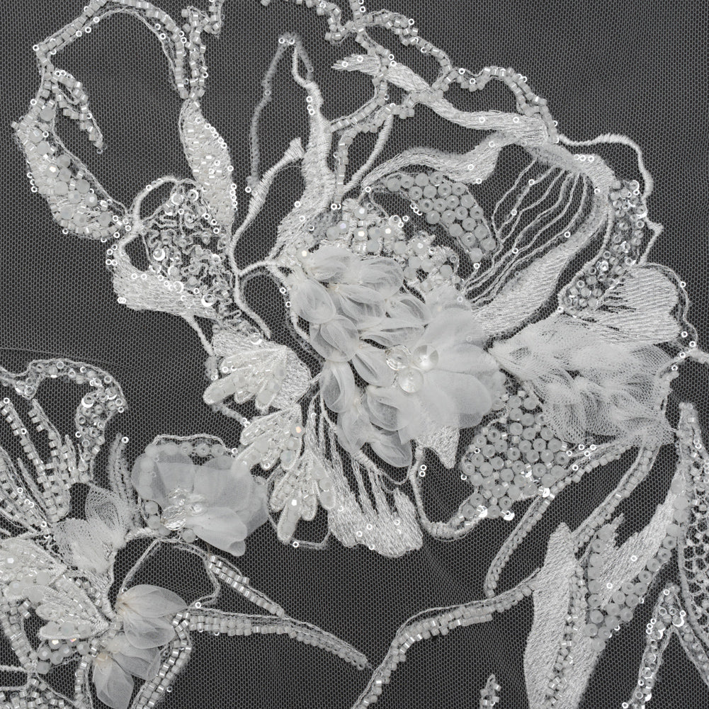 Embroidered and Beaded Bridal Tulle with 3D Fabric Flowers - Off White Fancy Florals Embroidered and Beaded Bridal Tulle with 3D Fabric Flowers - Off White Fancy Florals