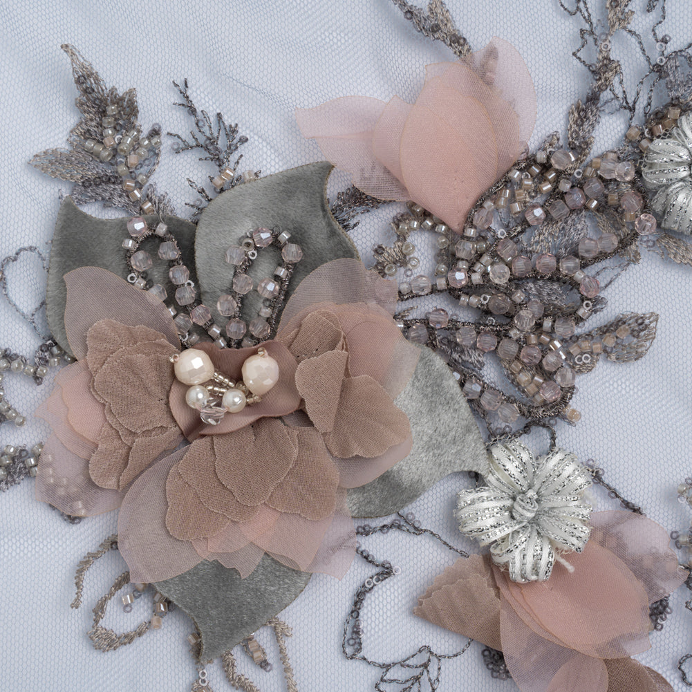 Embroidered and Beaded Bridal Tulle with 3D Velvet and Chiffon Fabric Flowers - Blue and Mauve Elegant Floral Arrangements Embroidered and Beaded Bridal Tulle with 3D Velvet and Chiffon Fabric Flowers - Blue and Mauve Elegant Floral Arrangements