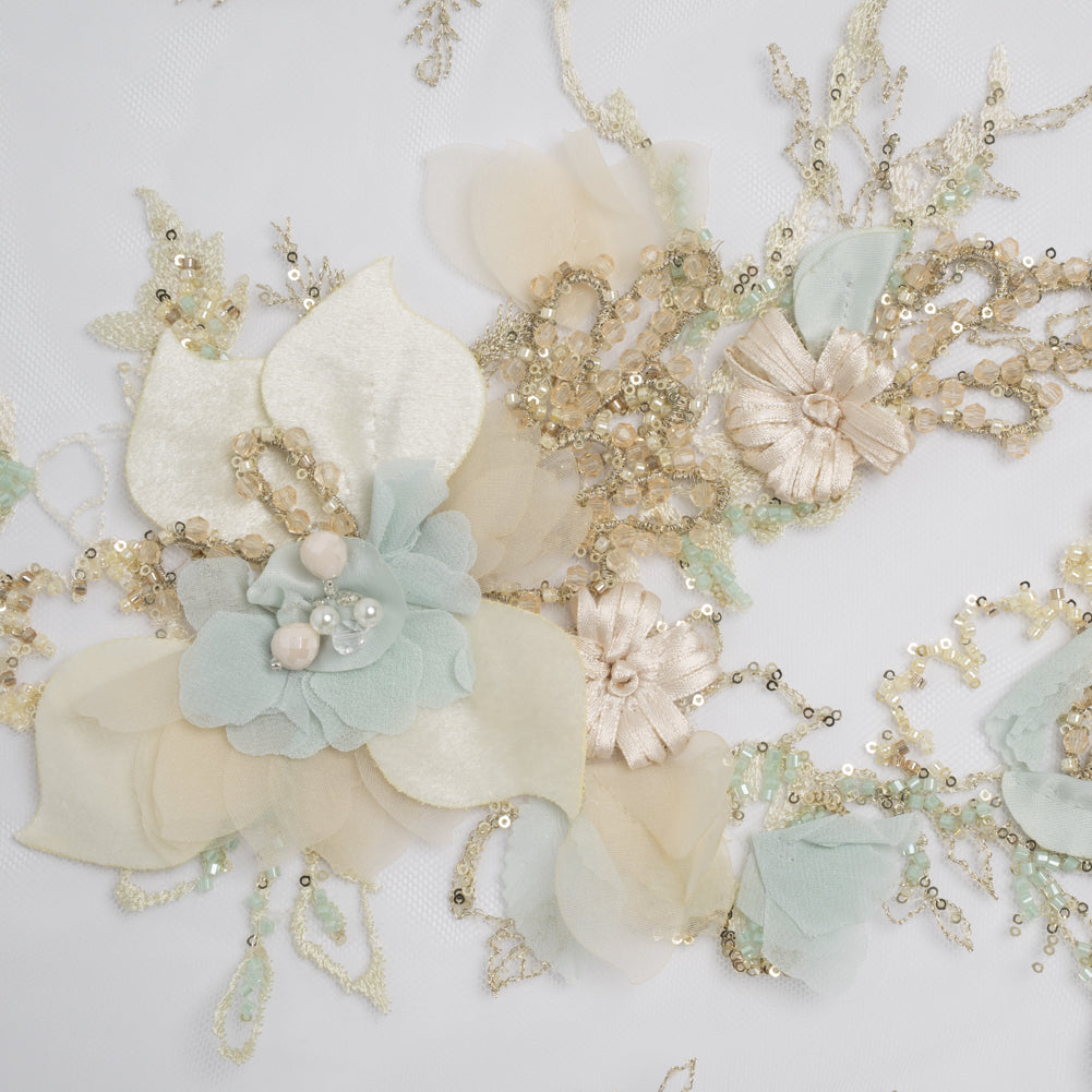 Embroidered and Beaded Tulle with 3D Fabric Flowers - Light Lemon, Cream and Pale Blue Floral Embroidered and Beaded Tulle with 3D Fabric Flowers - Light Lemon, Cream and Pale Blue Floral