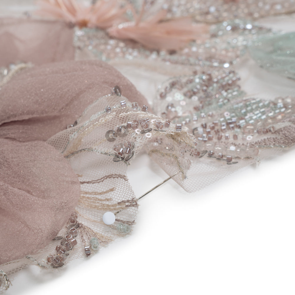 Embroidered and Beaded Tulle with 3D Applique Fabric Flowers - Taupe, Mauve, Mint and Pink Big Flowers Detail Embroidered and Beaded Tulle with 3D Applique Fabric Flowers - Taupe, Mauve, Mint and Pink Big Flowers Detail
